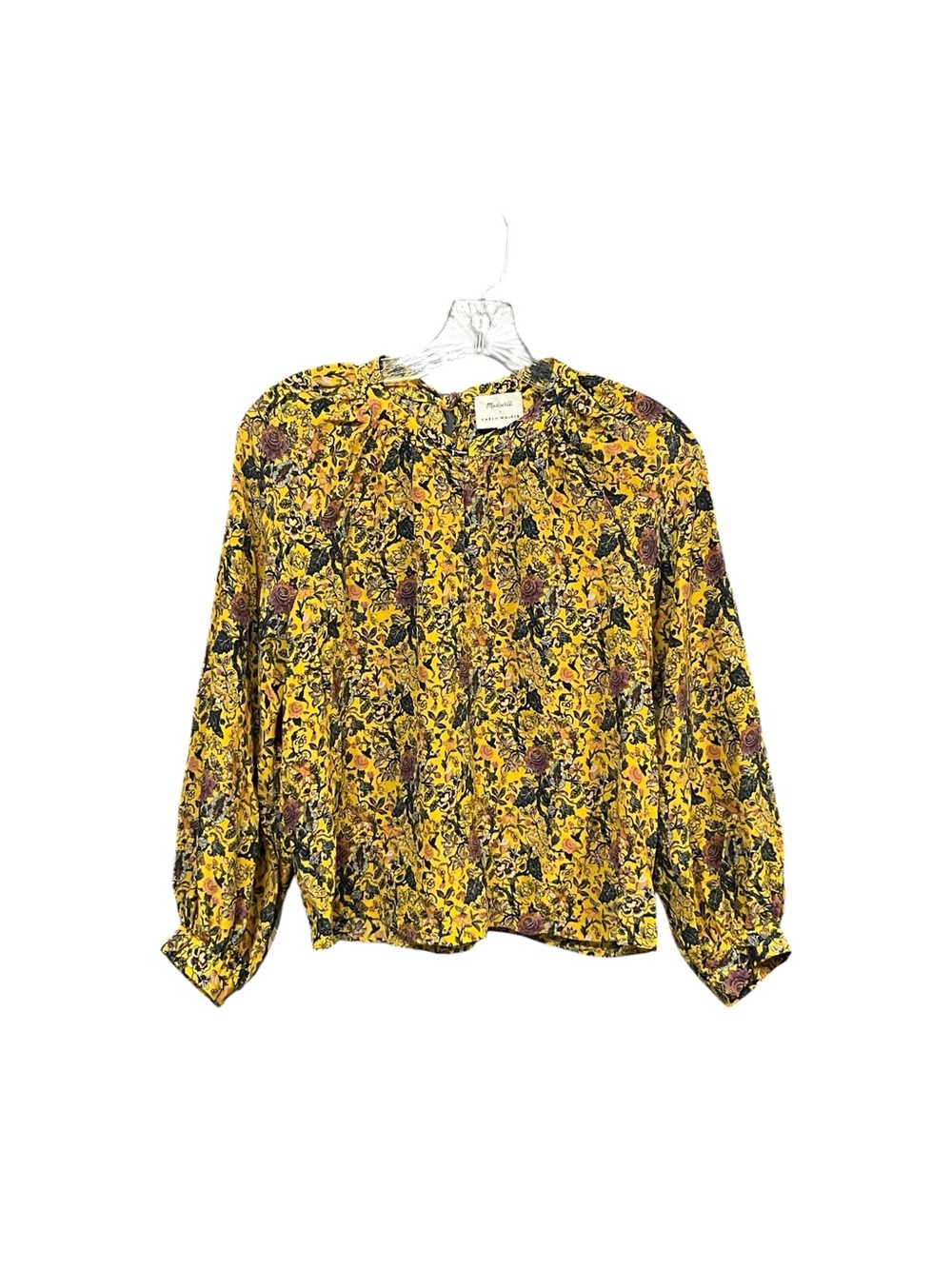Madewell x Karen Walker Silk Blouse Women’s M Yellow Floral Keyhole Tie Neck